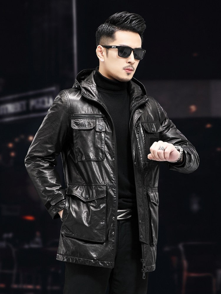 Duck Down Genuine Leather Coats Hooded Cargo Style