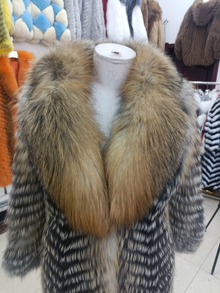 Thin Striped Color Pattern Real Fox Fur Coats  X-Long