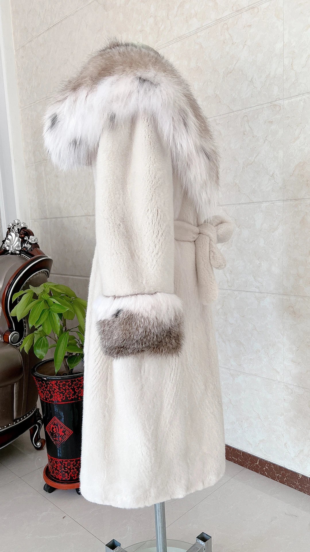 Luxury Lynx Collar Real Mink Fur Coats X-Long