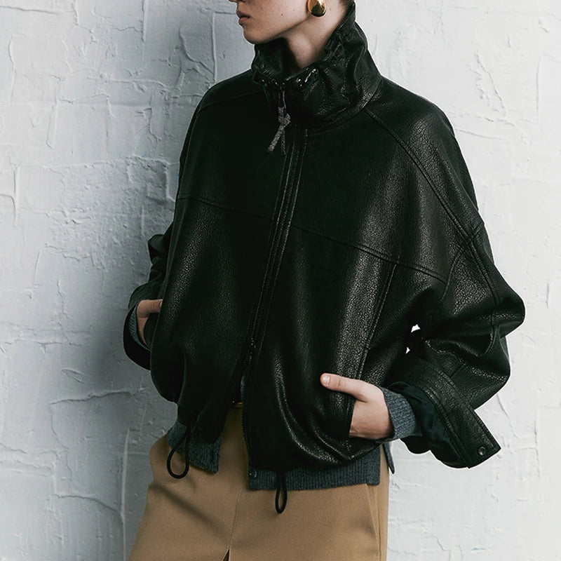 Real Leather Jacket Women Autumn High Stand Collar Drawstring Double Zippers Locomotive Retro Short Sheepskin Coat Kurtka Damska