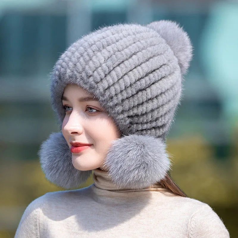 Knitted Spiral Real Mink Fur Beanies Cap Fur Pompom