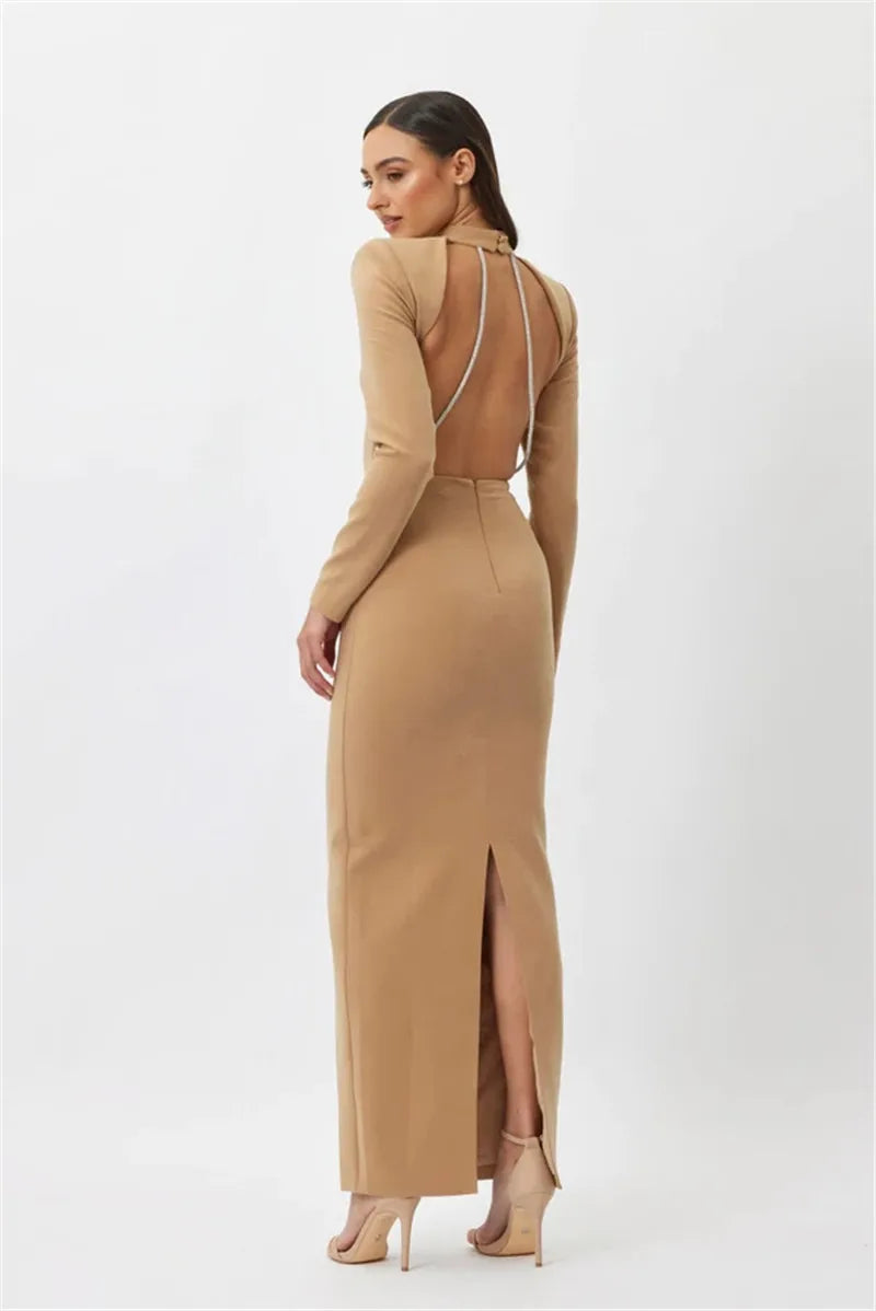 Sparkle Strap Backless Long Sleeve Maxi Dresses