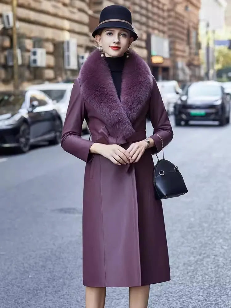 Purple Genuine Leather Trench Coat Real Fur Collar