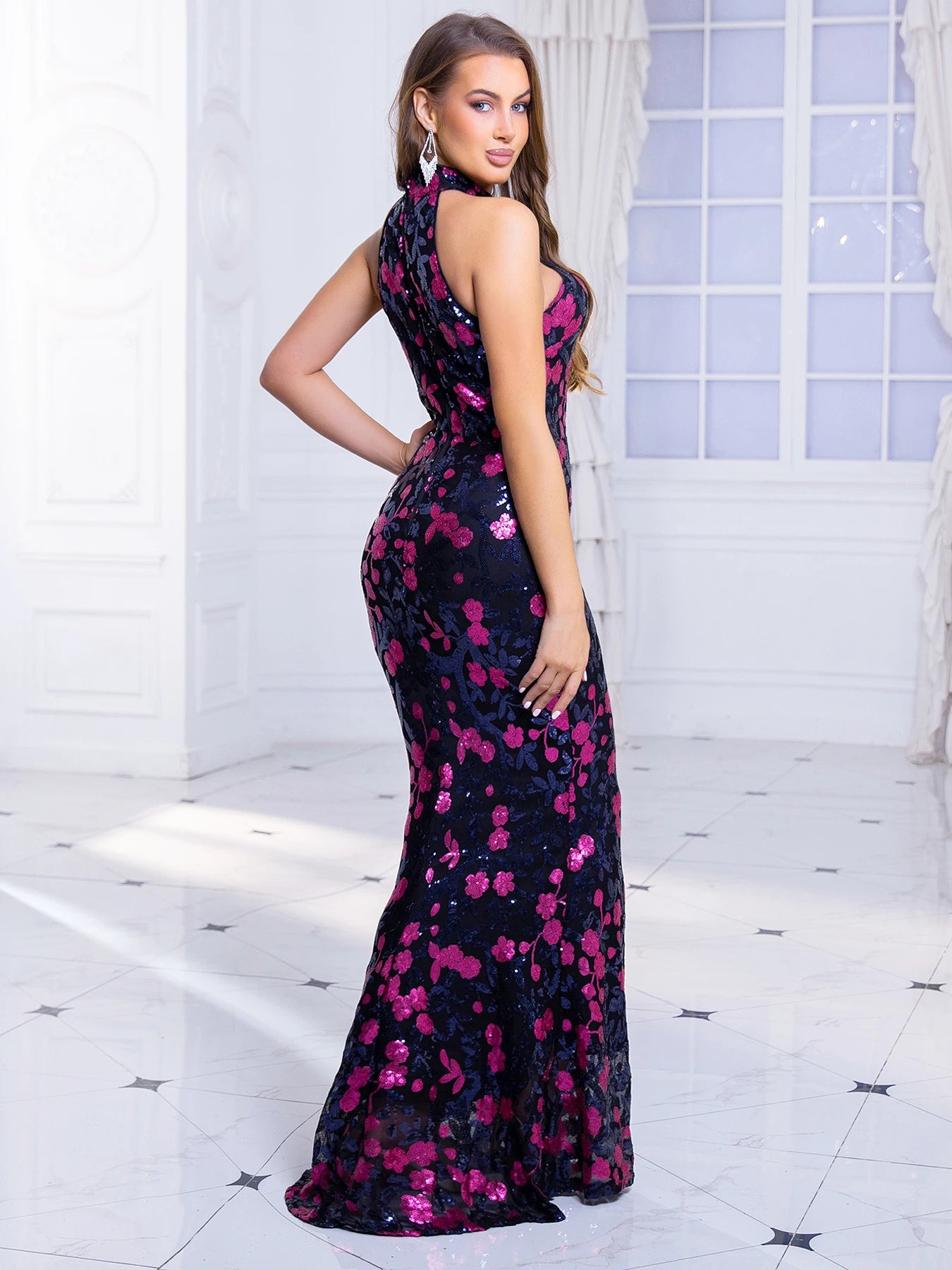 Sequin Floral High Neck Sleeveless Maxi Dresses