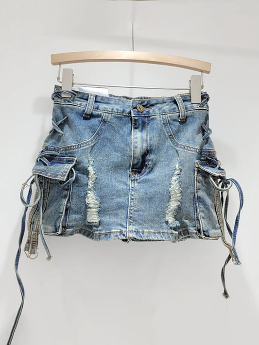 Denim Skirt Lace-up Ripped Cargo Mini Skirt