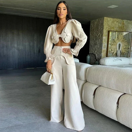 Flower Backless Crop Top & Wide Leg Pants Set