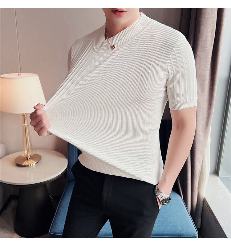 Ribbed Knitted Elasticity Half Collar T-Shirt