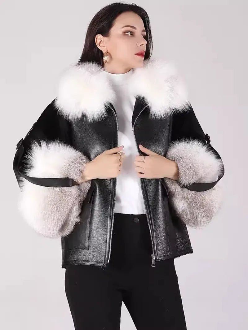 Genuine Leather Shearling Sleeve Real Fur Coats