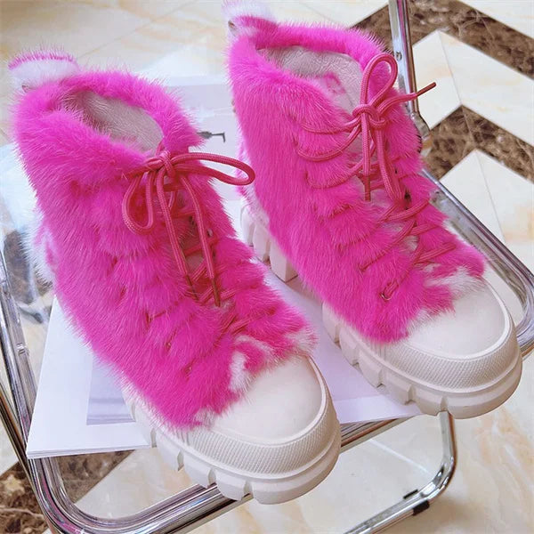 Real Mink Fur Boots Big Sole