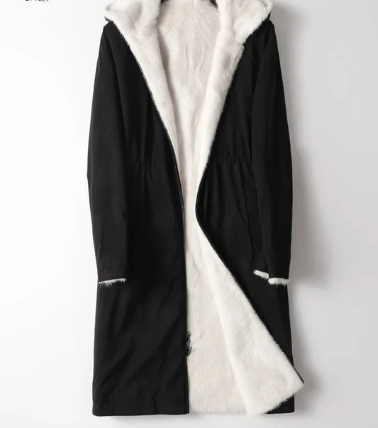 Reversible White Mink Fur Coat Parka Hooded