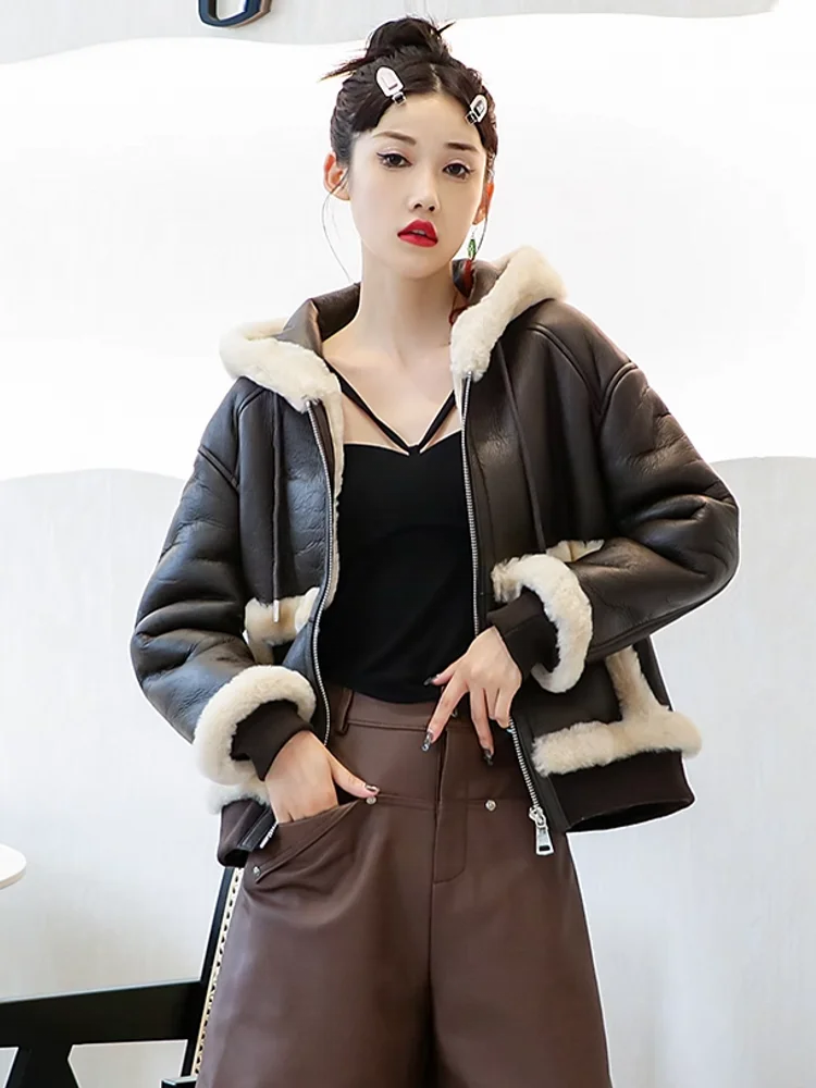 Genuine Leather Coats Hooded Real Shearling Fur