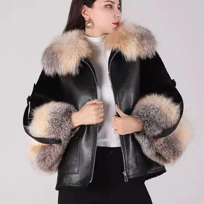 Genuine Leather Shearling Sleeve Real Fur Coats