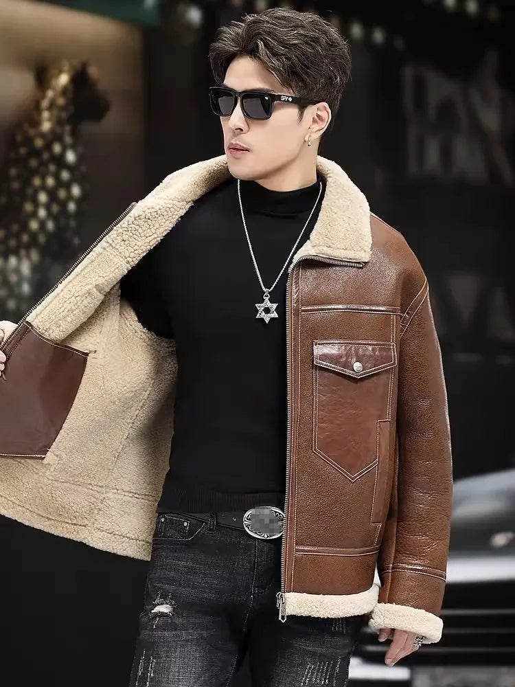 Luxury Genuine Leather Jacket Real Fur Shearling Liner