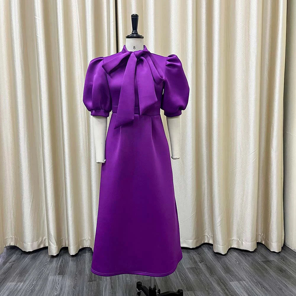 Neck Bow Puff Short Sleeve Long Dresses