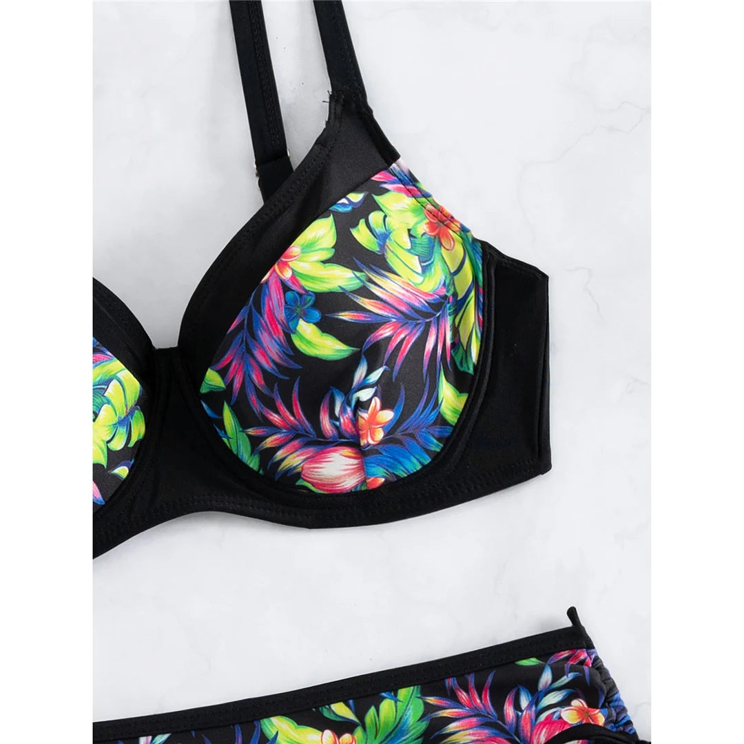 Black Flower Print Bikini Sets