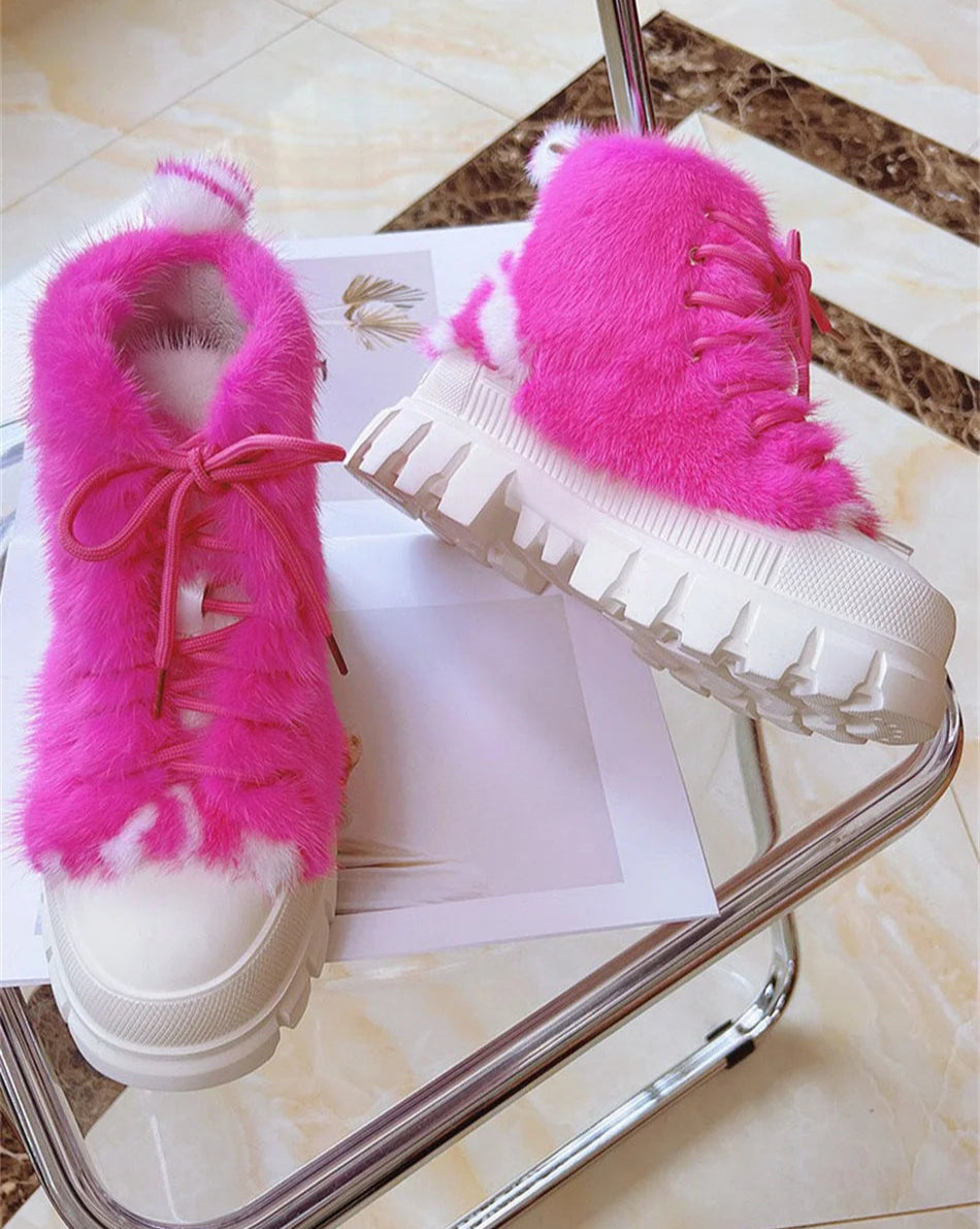 Real Mink Fur Boots Big Sole