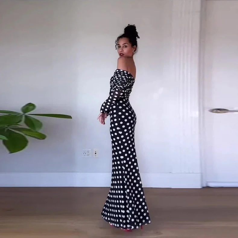 Polka Dot Off Shoulder Mesh Sleeve Long Dress