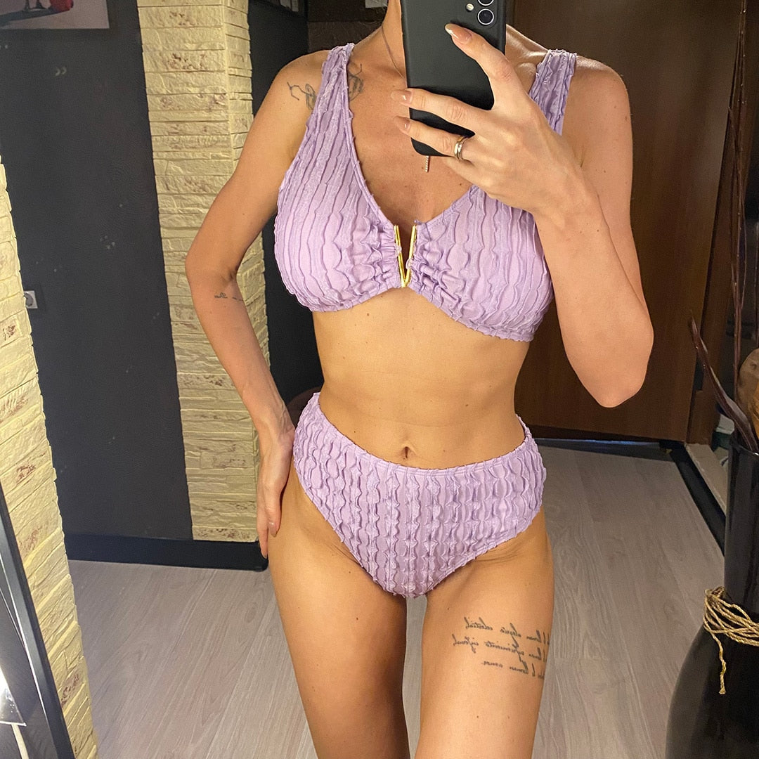 Purpled Wrinkled V Padded High Waist Bikini