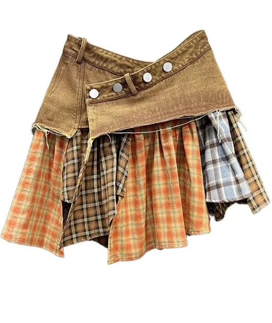 Denim Patchwork Irregular Plaid Mini Skirt