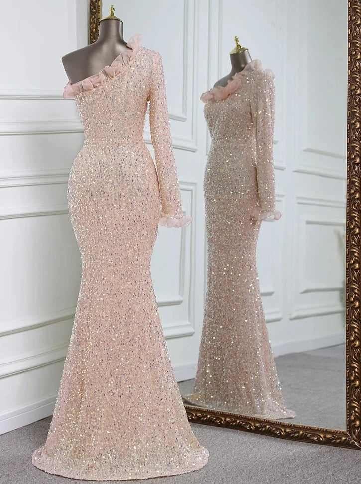 Sequins One Sleeve Lace Floor-Length Dresses