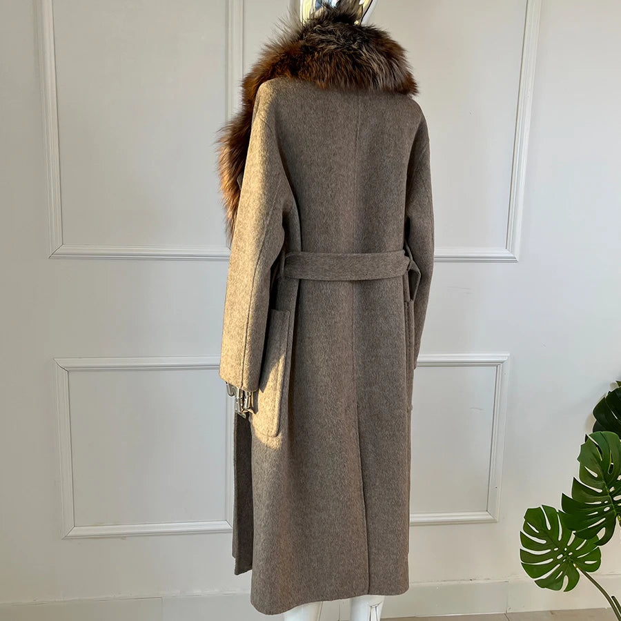 Cashmere Wool Long Coat Real Fur Collar