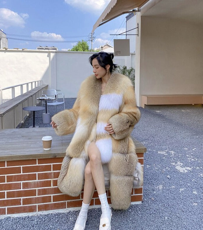 Long Thick Collar Real Fox Fur X-Long Coats