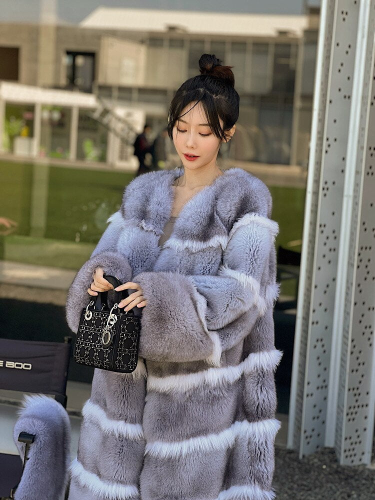 Luxury X-Long Fur Coat Detachable Big Fur Collar