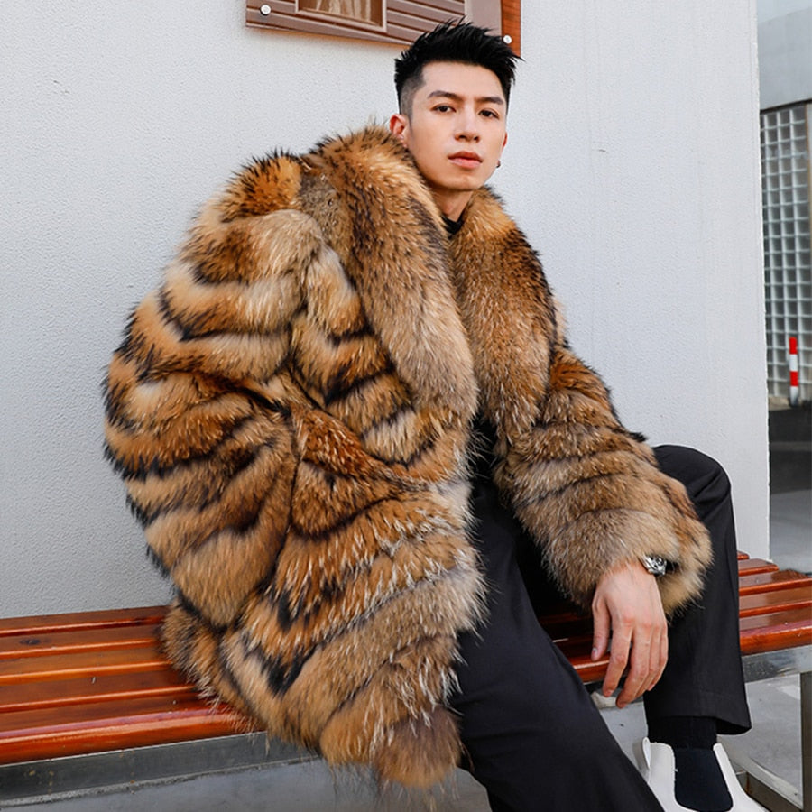 Genuine Real Fur Coat Big Turn-Down Collar Long