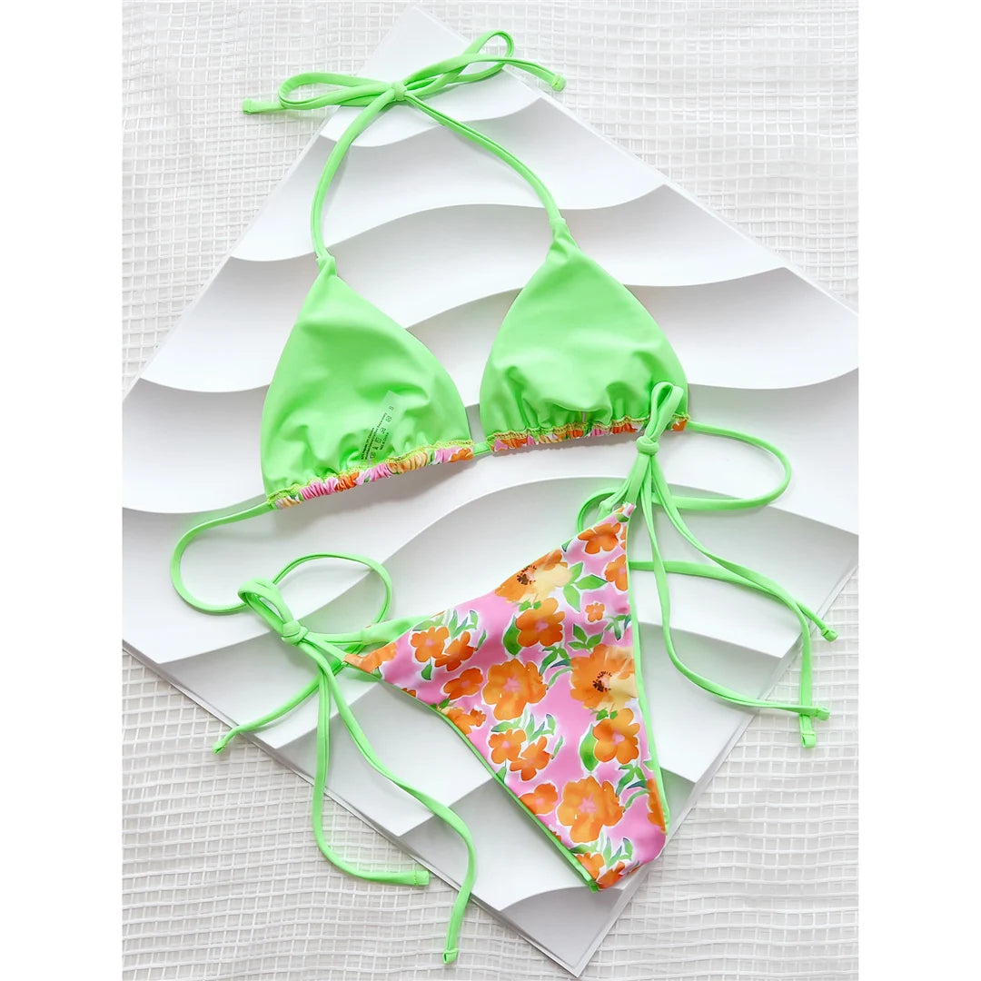 Flower Print High Cut Bikini Set