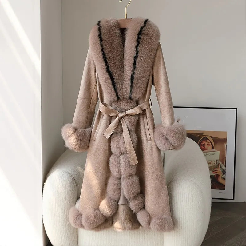 Genuine Leather Long Coats Suede Real Fur Lining Long & Collar