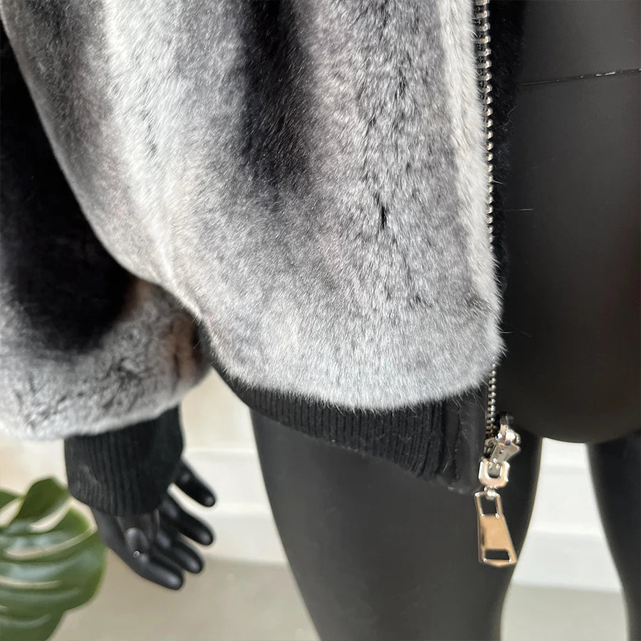 Chinchilla Style Real Fur Coat Hooded Bomber