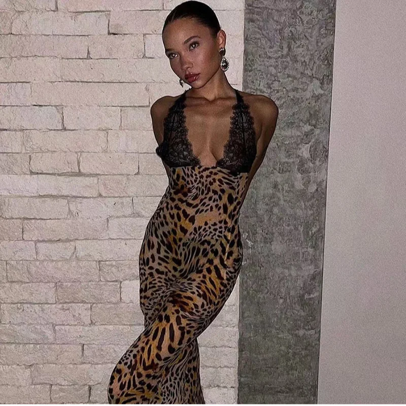 Leopard Print Halter Backless Dresses