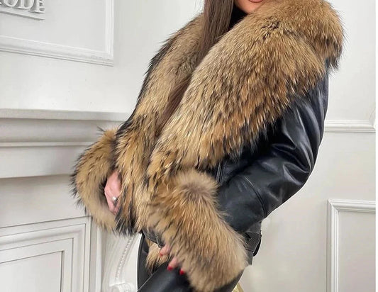 Genuine Leather Real Collar & Cuff Fur Coats