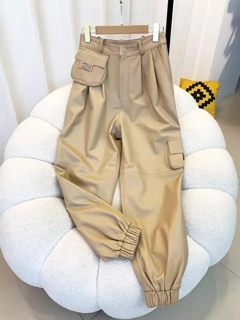 Genuine Leather Cargo Pants
