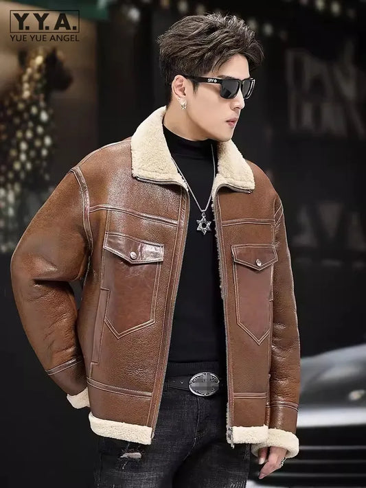 Luxury Genuine Leather Jacket Real Fur Shearling Liner