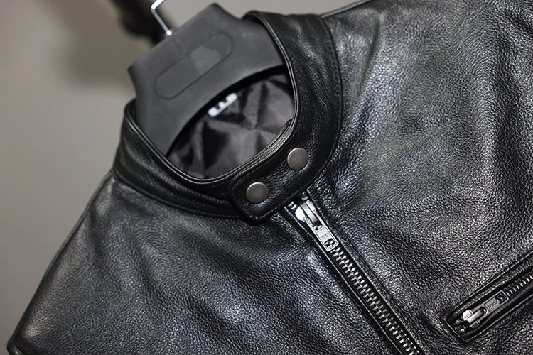 Genuine Leather Jacket Slim Fit Stand Collar Multi Pocket