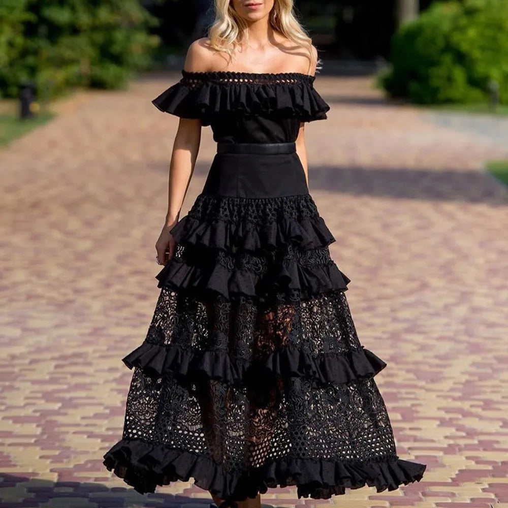 Off Shoulder Ruffle Sleeveless Hollow Long Dresses