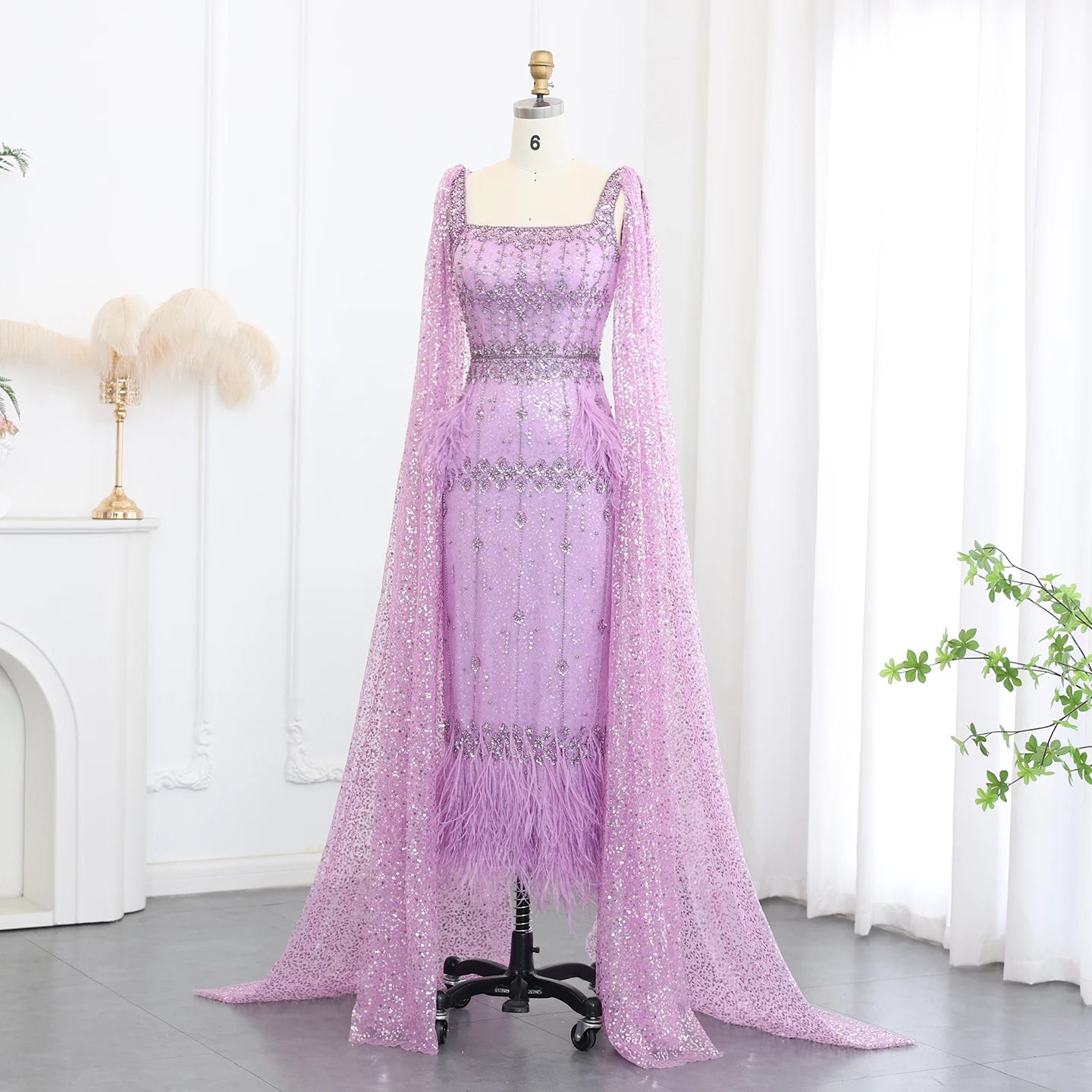 Rhinestone Feather Cape Sleeve Formal Dresses