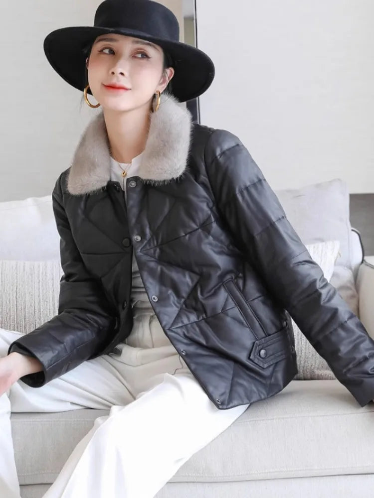 Genuine Leather Down Coat Mink Collar