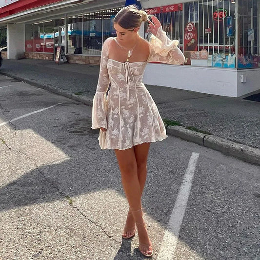 Vintage Lace Flared Sleeve Mini Dresses