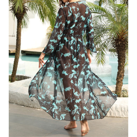 Print Long Sleeve With Belt Tunic Beach Cover Up