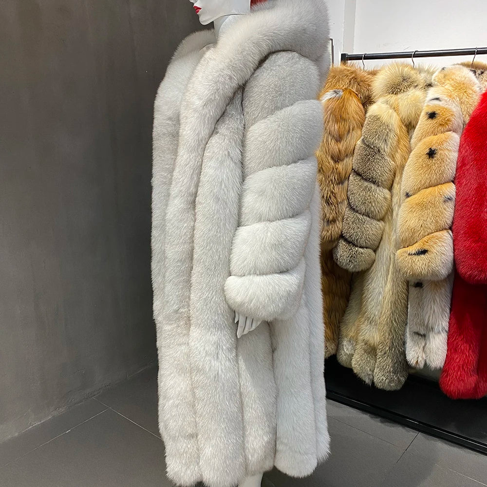 Luxury Long Hooded Real Fur Coats