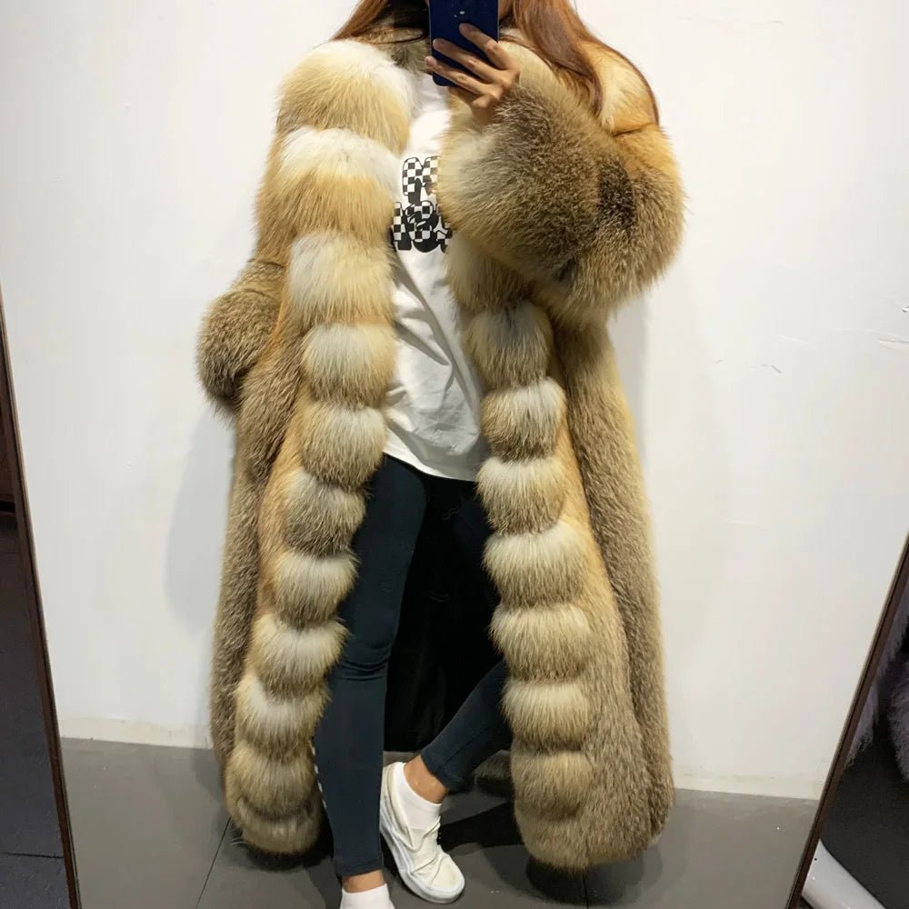 Stripe Big Collar X-Long Real Fox Fur Coat