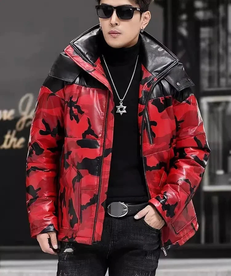 Red Camo Genuine Leather Down Coat