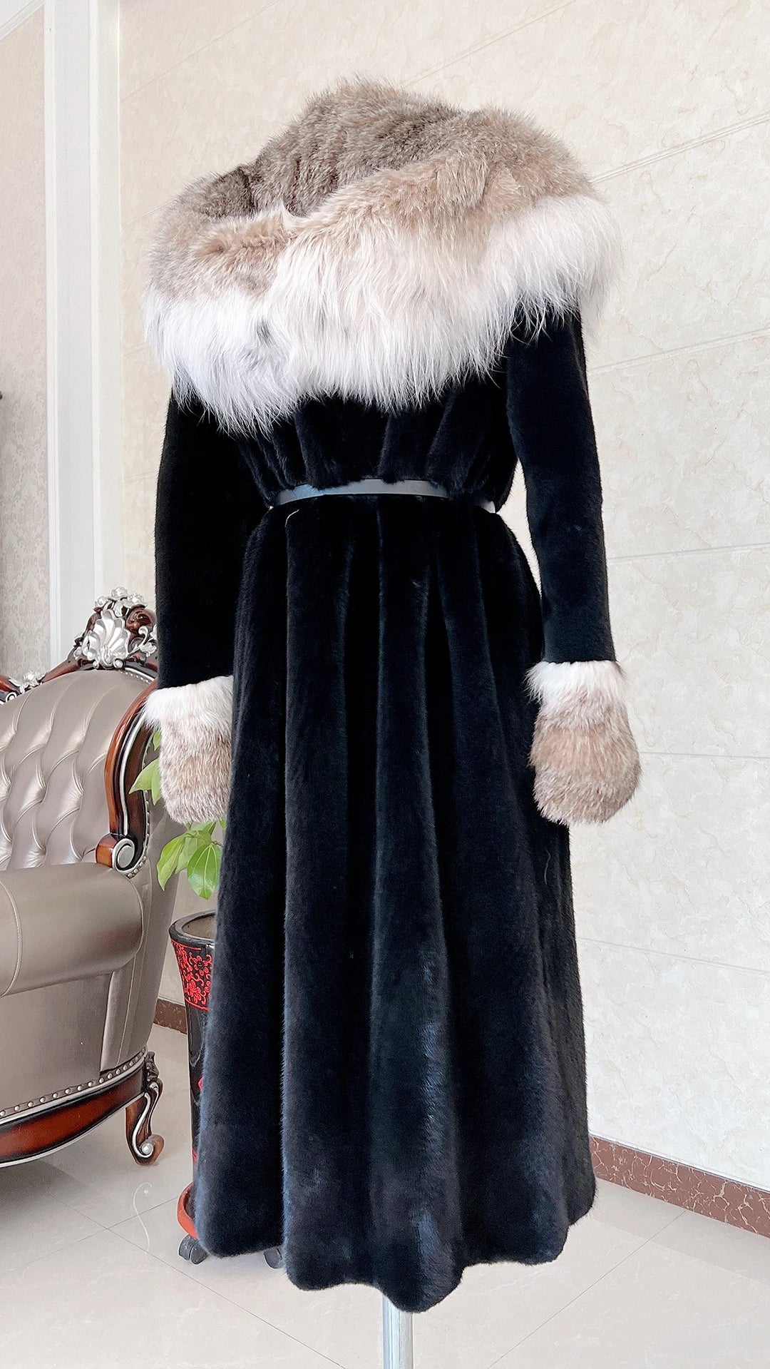 Luxury Lynx Collar Real Mink Fur Coats X-Long