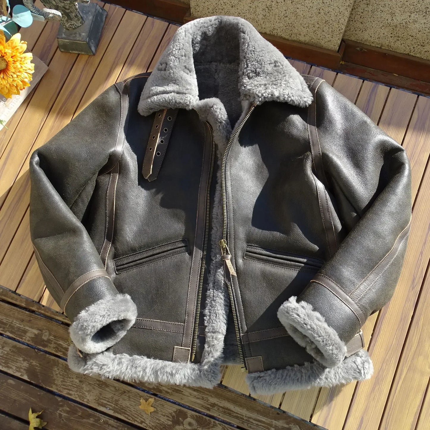 Genuine Leather Coats Shearling Wool Liner Grey