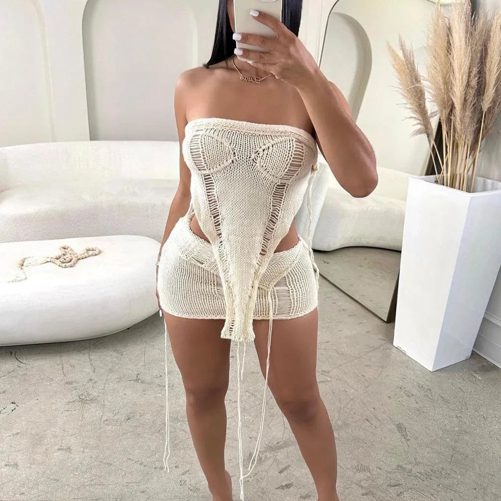 Irregular Knitted Strapless Crop Top & Mini Skirt Sets