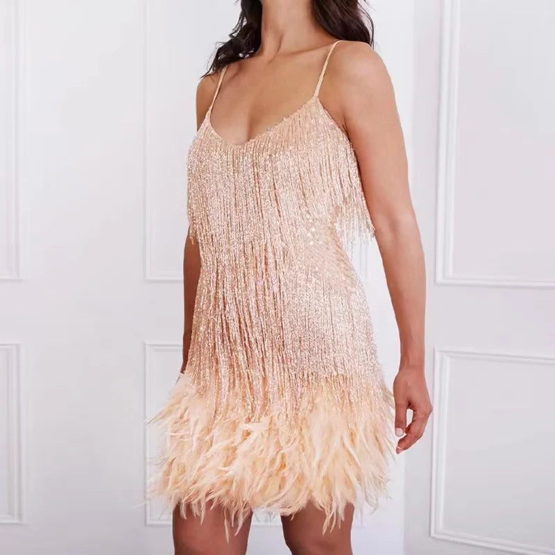 Tassel Sequins Feather Mini Dresses