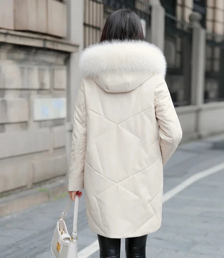 Genuine Leather Down Coat Real Fur Hood