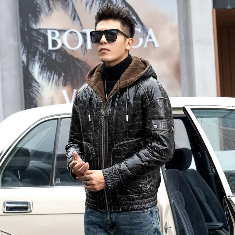 Genuine Leather Hooded Fur Coats